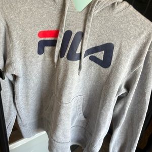 A gray hoodie with letters hardly ever worn